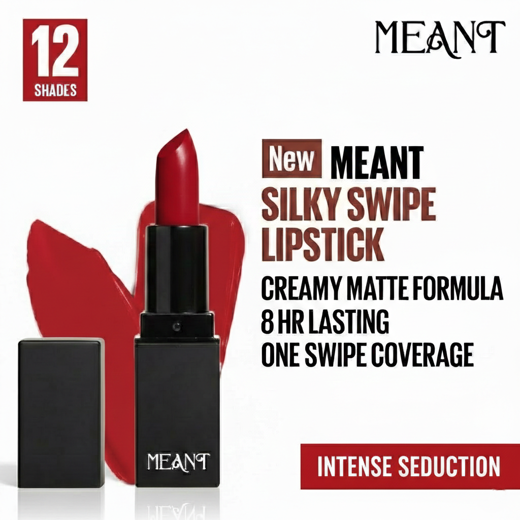 MEANT Silky Swipe Intense Seduction Lipstick with packaging on a white background, featuring 'MEANT' brand.