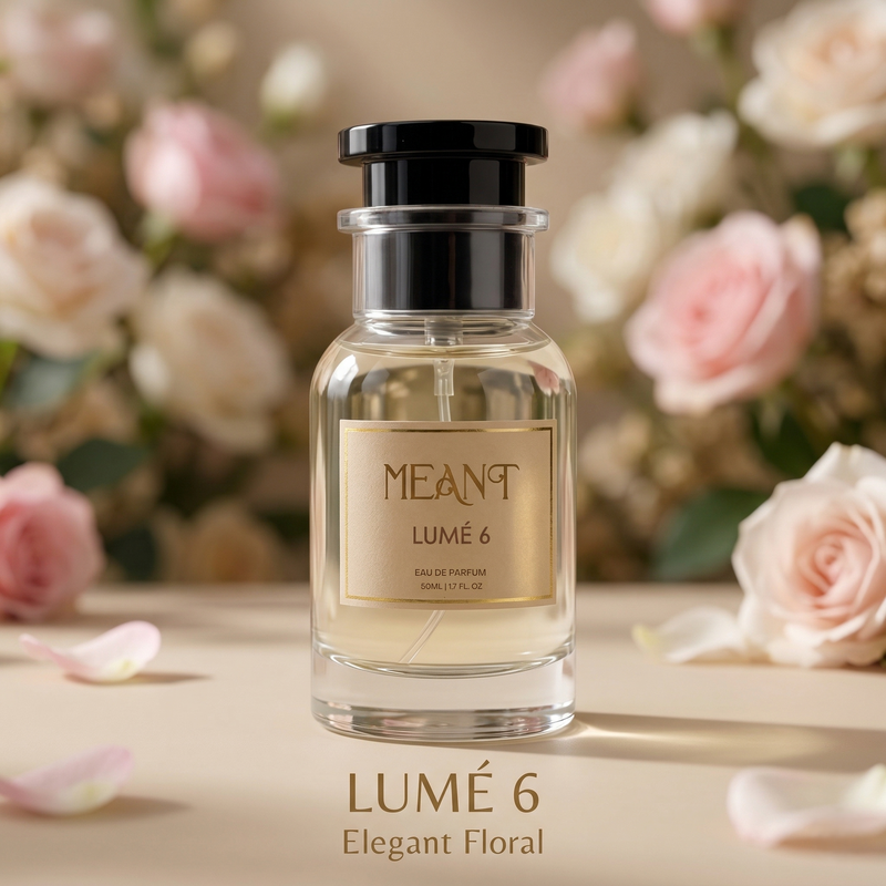 MEANT LUMÉ 6 perfume bottle with floral background & text LUMÉ 6, Elegant Floral.