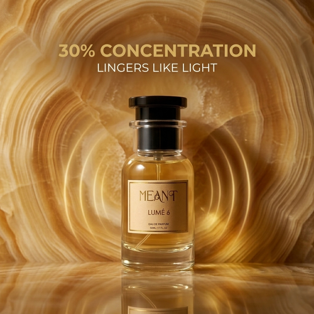 Perfume bottle of 'MEANT Lume 6' with a gold background & text stating its high 30% oil concentration that lingers like light.