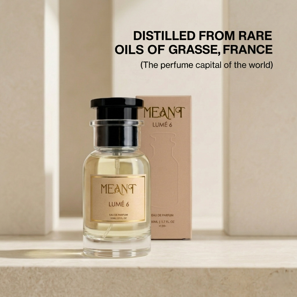 MEANT Lume 6 perfume bottle and packaging on a neutral background & text showing its made from rare oils of Gasse, France the perfume capital of the world.