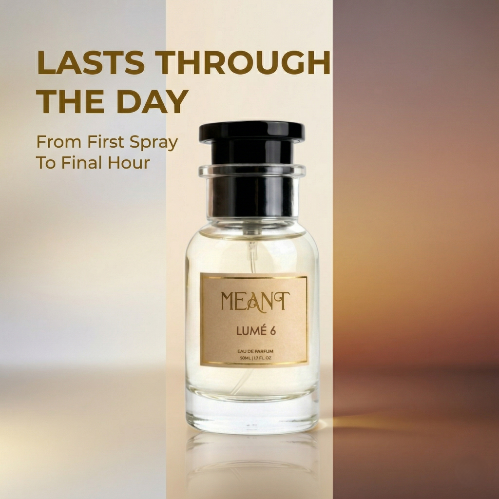 Bottle of MANT Lume 6 perfume on a gradient background & text displaying its all-day lasting power from first spray to final hour.