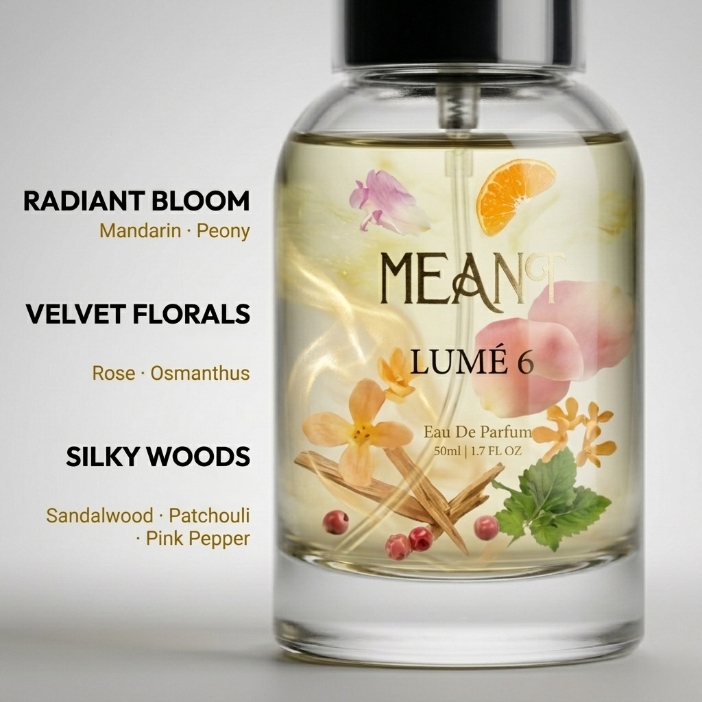 MEANT Lumé 6 perfume bottle with floral design and product description of its top, heart & base notes presented in a unique, premium & clean format.
