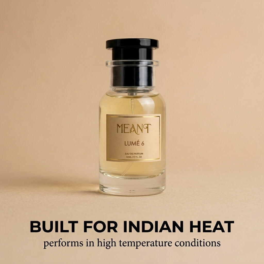 Luxury perfume MEANT LUMÉ 6 on a beige background with text about its heat resistance power.