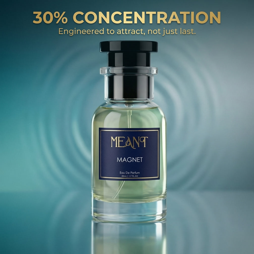 Perfume bottle labeled 'Meant Magnet' with a blue label on a gradient background showing its premium 30% oil concentration quality.
