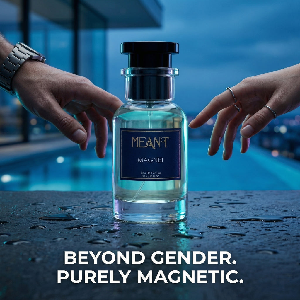 Perfume bottle labeled 'MEANT Magnet' with two hands reaching towards it, set against a blue-toned background displaying its unisex appeal & liking.