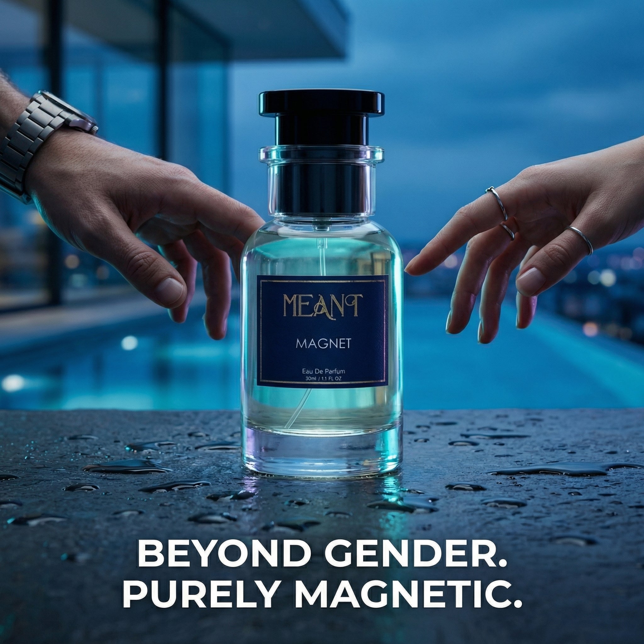 Perfume bottle labeled 'MEANT Magnet' with two hands reaching towards it, set against a blue-toned background displaying its unisex appeal & liking.
