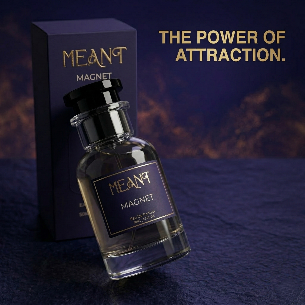 MEANT Magnet perfume with packaging in a luxurious photoshoot with the text "The power of attraction".