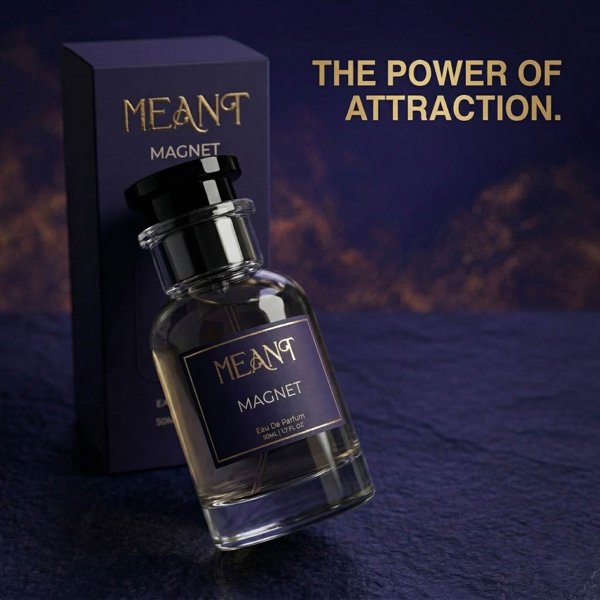MEANT Magnet perfume with packaging in a luxurious photoshoot with the text "The power of attraction".