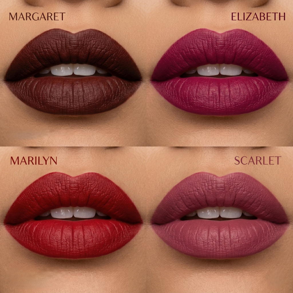 Ultra long-lasting matte liquid lipstick combo of four, lipstick shades on lips with labels 'Margaret', 'Elizabeth', 'Marilyn', and 'Scarlet', by meant.