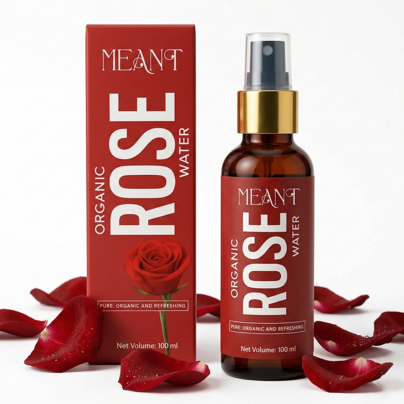 Bottle and box of MEANT Organic Rose Water with red rose petals on a white background