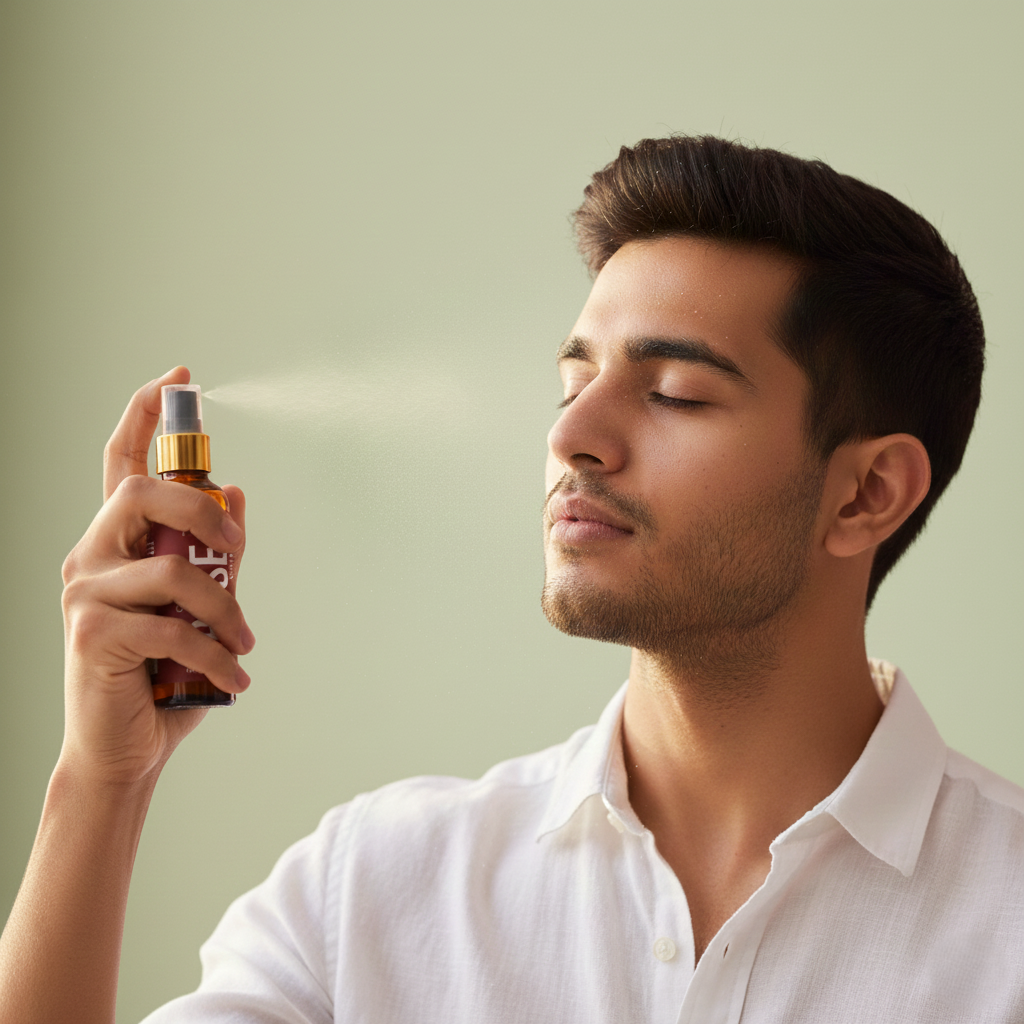 Man spraying MEANT Organic Rose Water toner mist on face for hydration and glowing skin