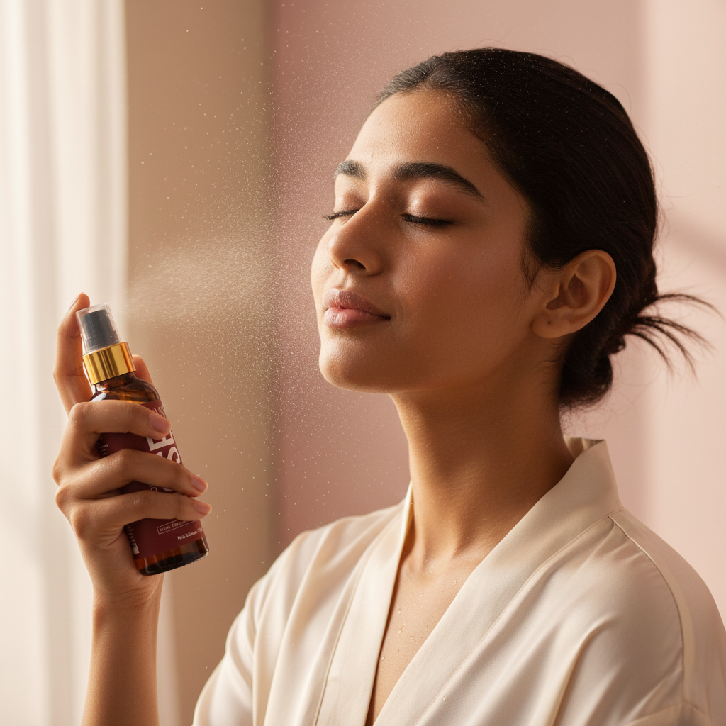 Woman spraying MEANT Organic Rose Water facial toner from amber bottle for hydration and glowing skin