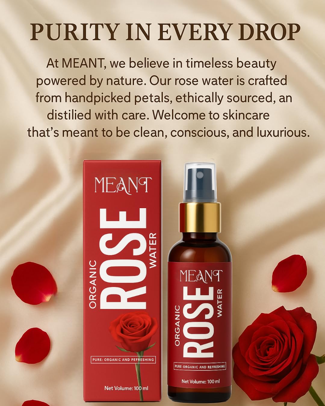MEANT Organic Rose Water with launching text
