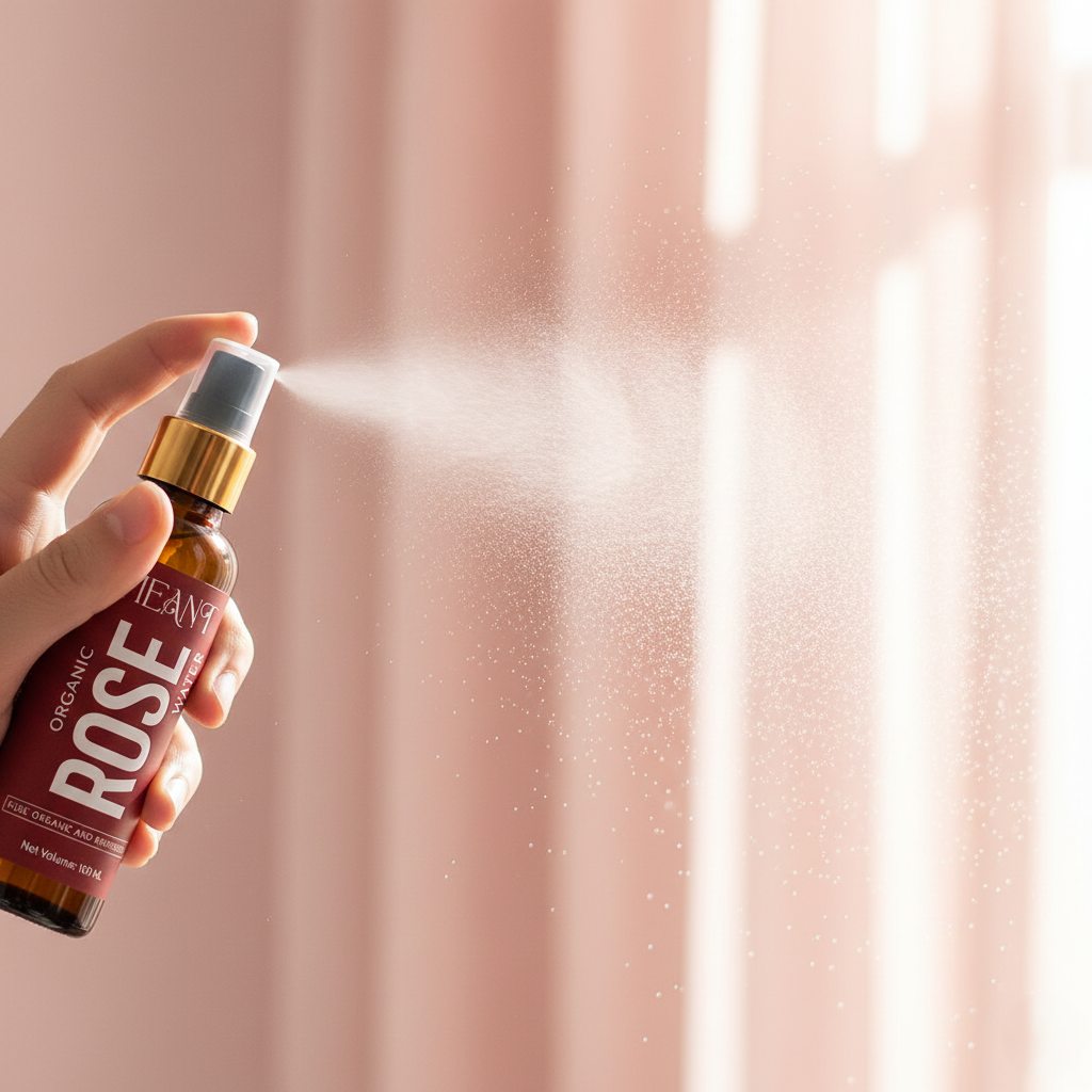 MEANT Organic Rose Water 100ml in amber spray bottle misting natural Bulgarian rose toner for hydration and glowing skin