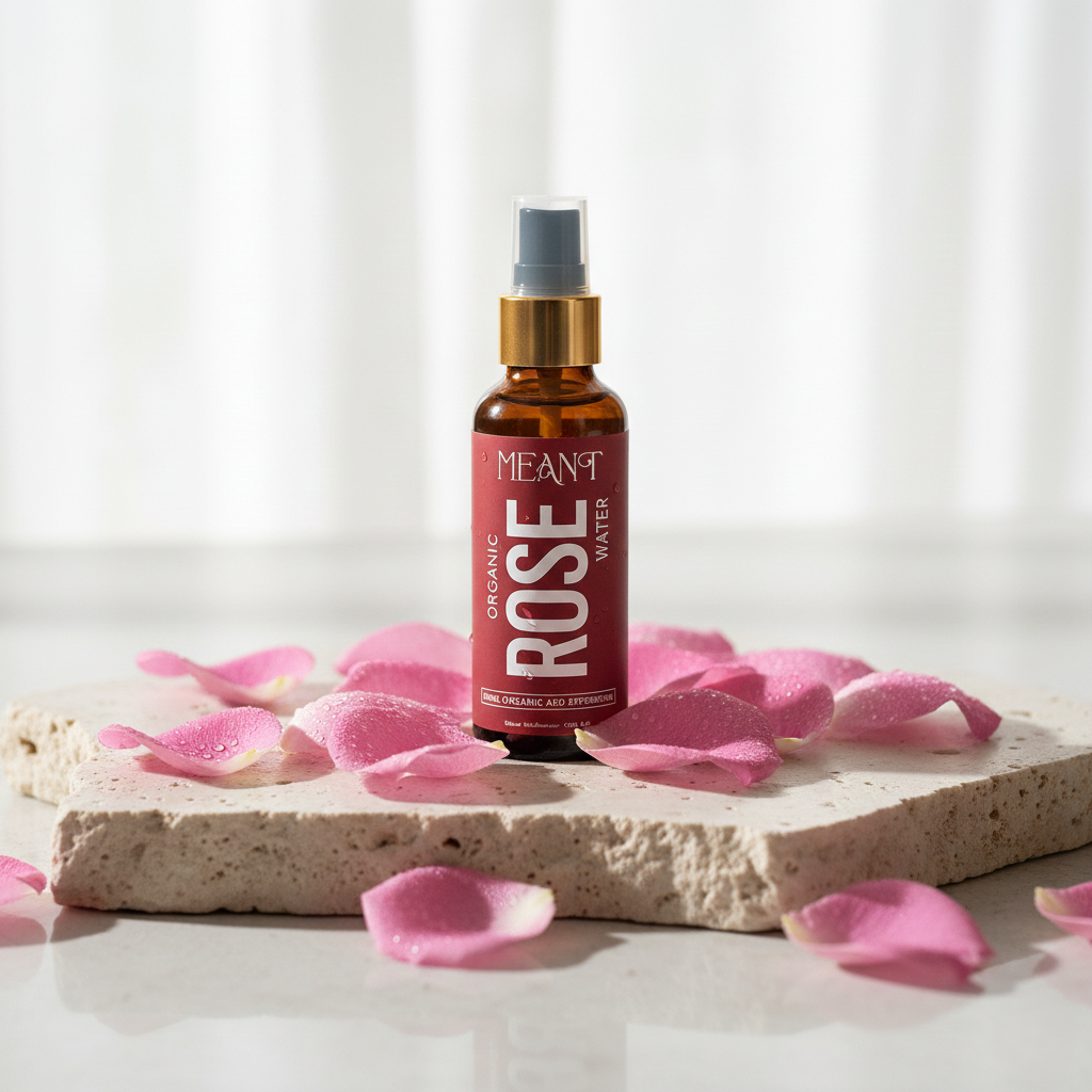 MEANT Organic Rose Water 100ML pure Bulgarian Rosa Damascena natural face toner with hydration and glowing skin benefits in amber spray bottle surrounded by rose petals