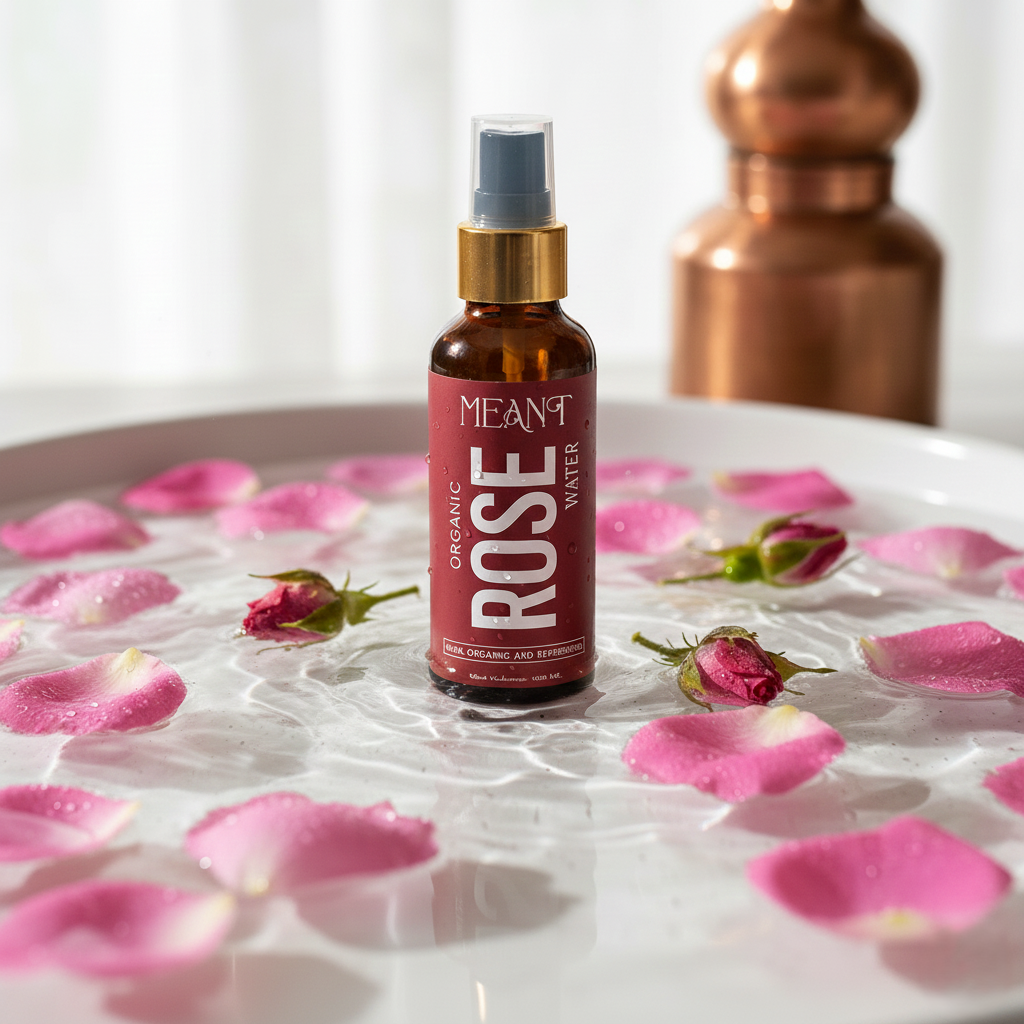 MEANT Organic Rose Water 100ml amber spray bottle with rose petals in water natural skin toner hydration and glow