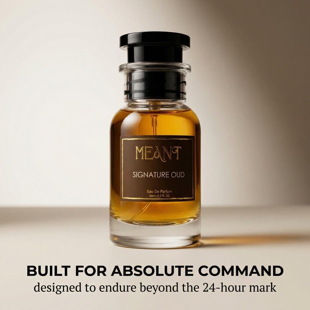 Bottle of MEANT Signature Oud perfume with a blurred background showing its top notch built quality.