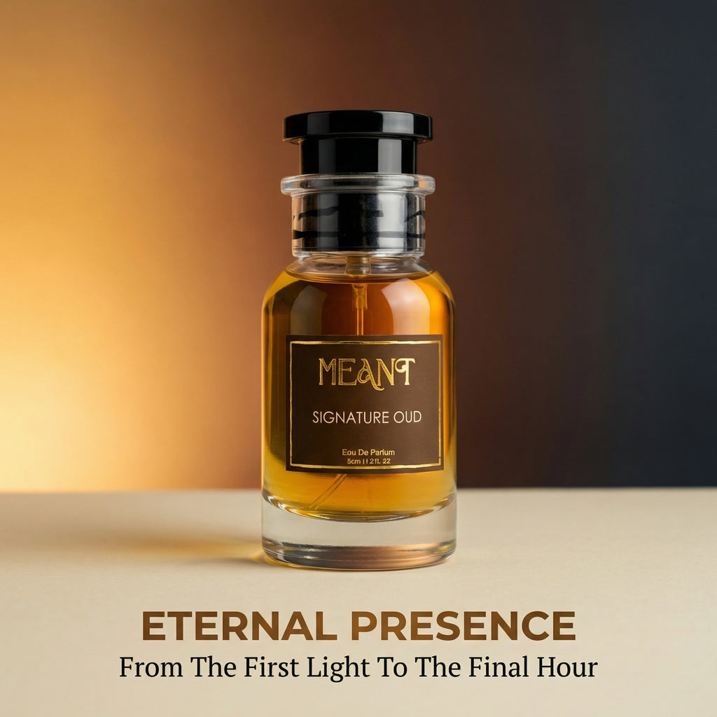Bottle of MEANT Signature Oud perfume with a warm gradient background showing its eternal long lasting power.