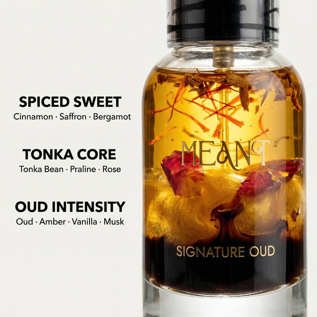 Bottle of MEANT Signature Oud perfume showing the ingredients & top, heart & base notes on a white background.