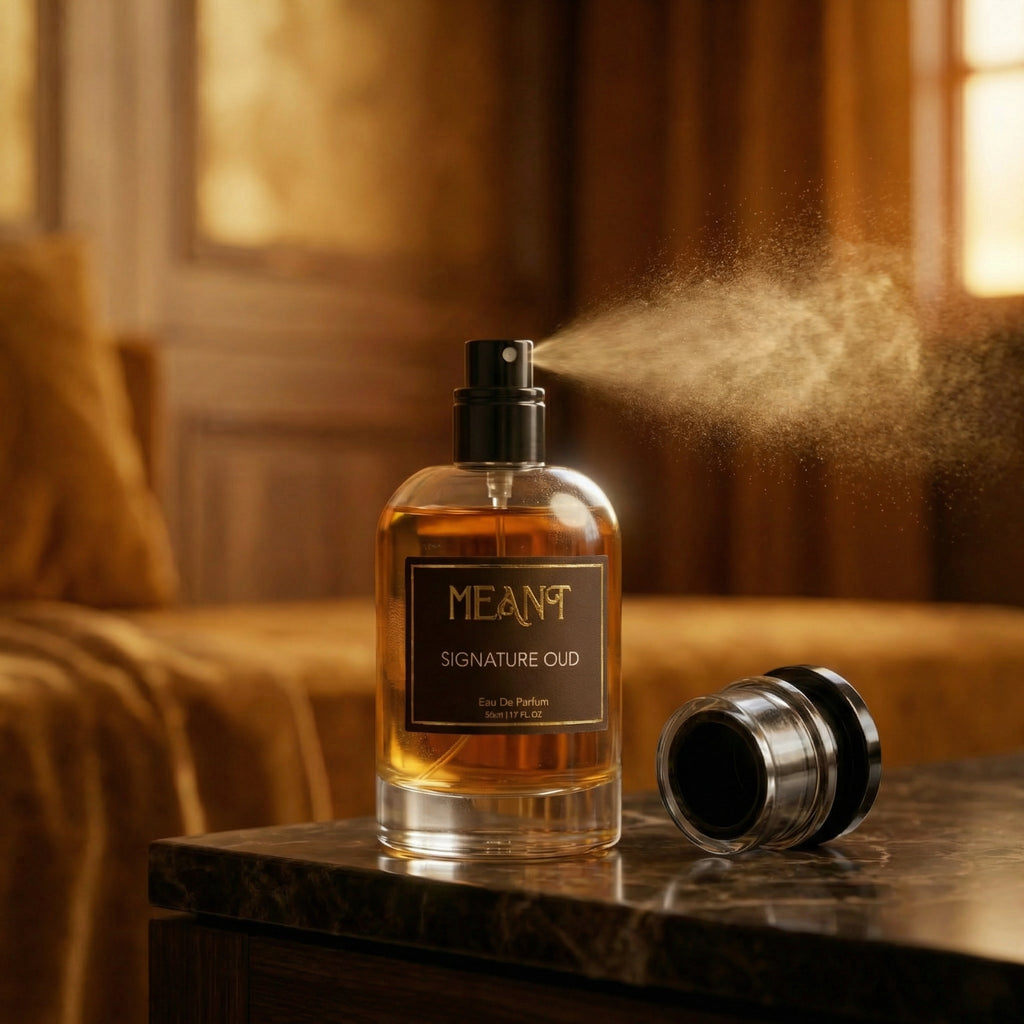 Perfume bottle of 'MEANT Signature Oud' with mist being sprayed in a warm-toned room.