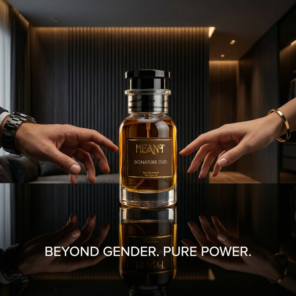 Bottle of MEANT Signature Oud with hands reaching towards it on a reflective surface showing its unisex appeal & power.