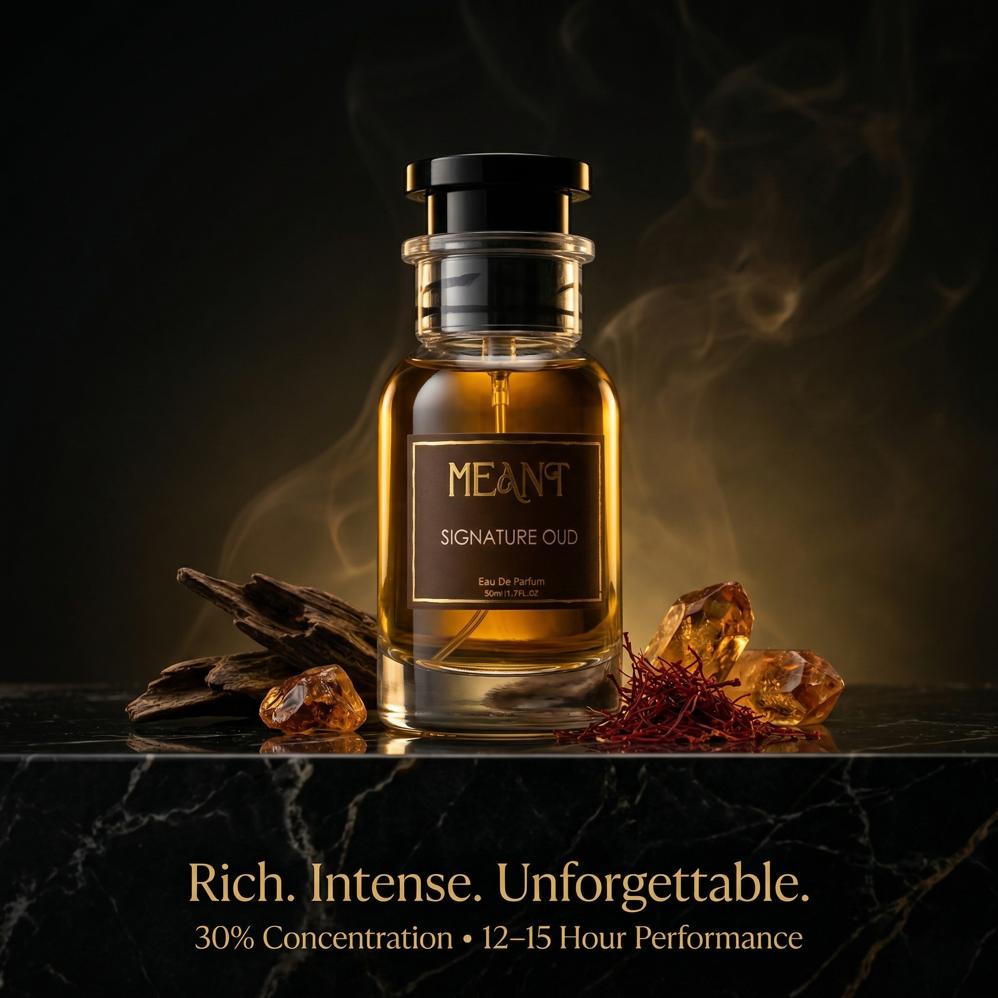 Ultra long lasting oud perfume by MEANT with cinnamon, tonka beans, sandalwood, driftwood, oud and smoke showing its rich, premium and bold character.