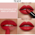 MEANT Silky swipe how to apply guide with close-up lips and 'MEANT' branding.