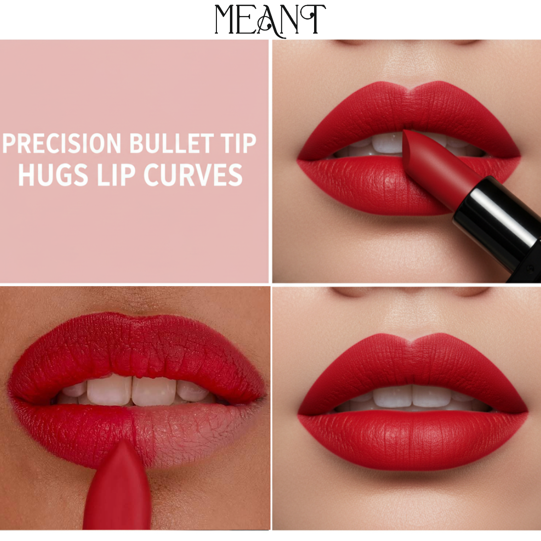 MEANT Silky swipe how to apply guide with close-up lips and 'MEANT' branding.