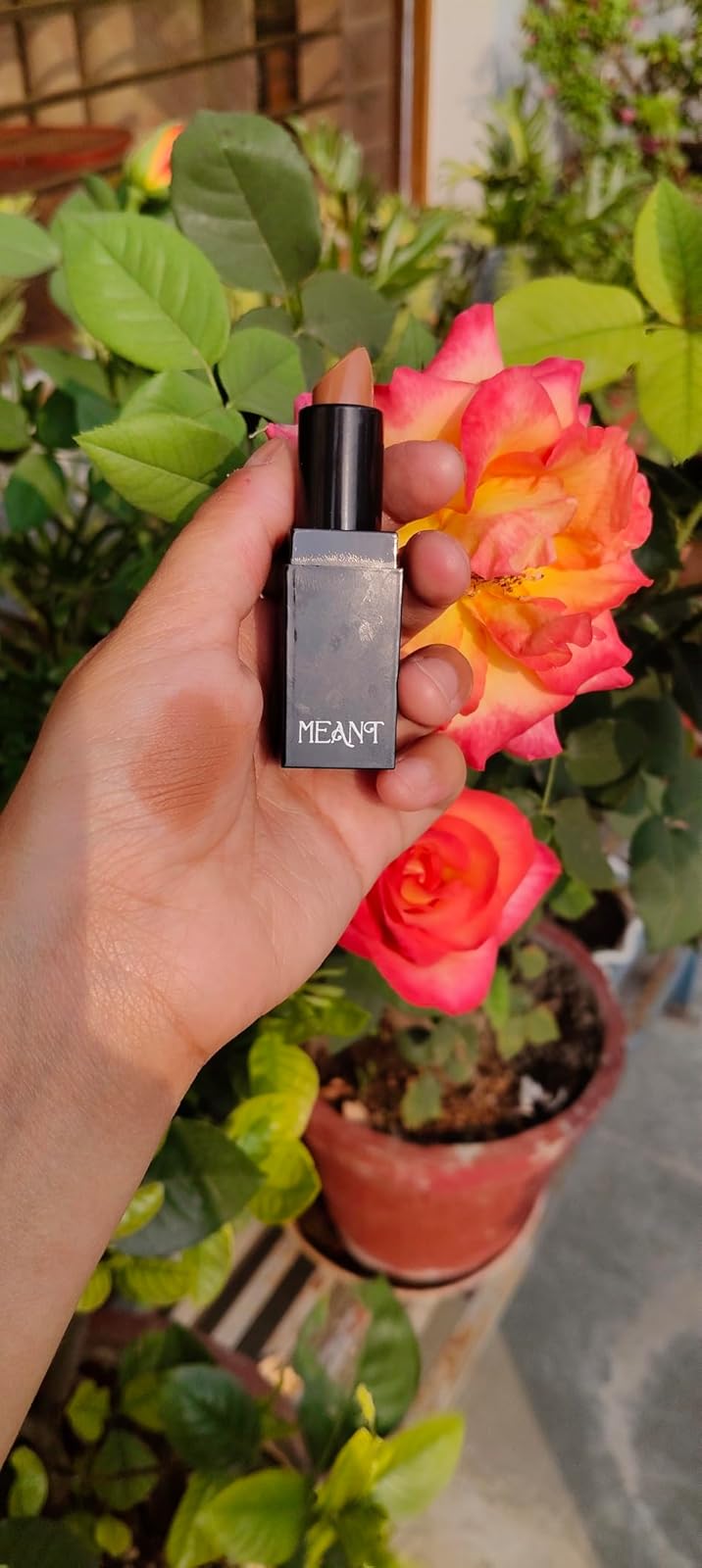 Amazon review of real customer holding MEANT Silky Swipe Amber Aura Creamy Matte Lipstick with a swatch and flowers in the background