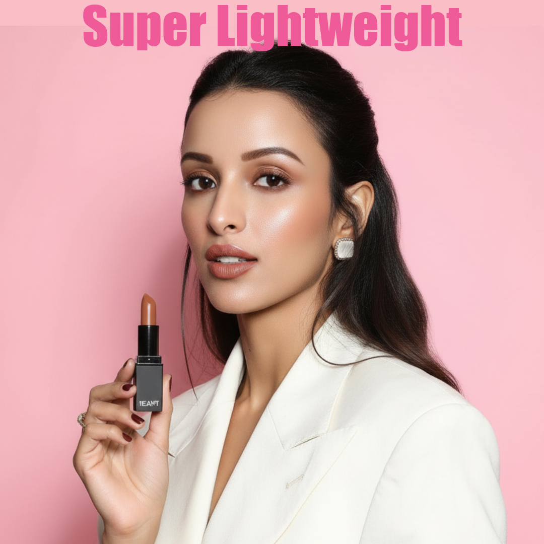Model holding MEANT Amber Aura lipstick with 'Super Lightweight' text on a pink background.