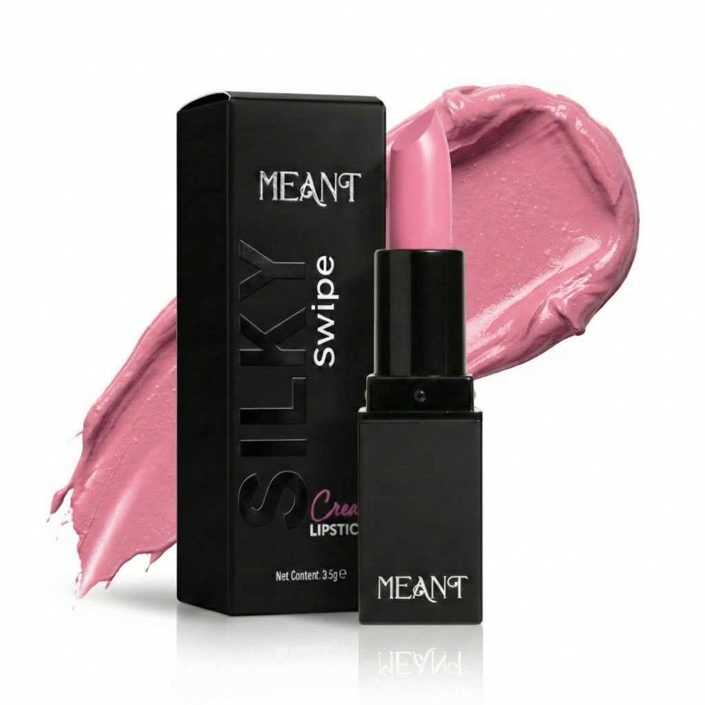 MEANT Silky Swipe Cream Lipstick Bombshell Barbie shade with packaging on a white background.