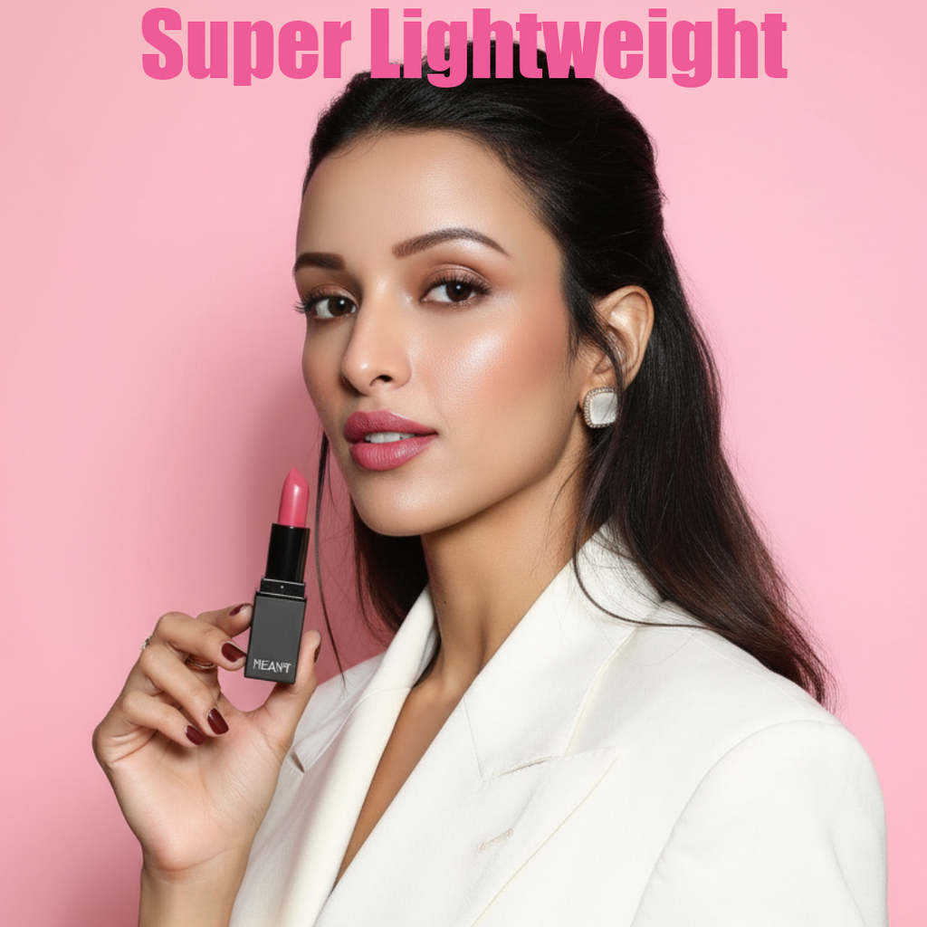 Model holding MEANT pink lipstick with 'Super Lightweight' text on a pink background