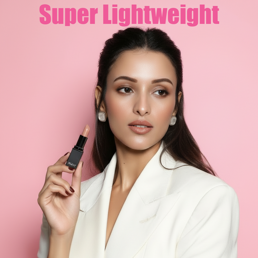 Model holding MEANT lipstick with 'Super Lightweight' text on a pink background.