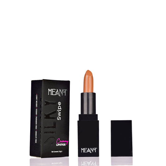 MEANT Silky Swipe Creamy Lipstick Amber Aura Shade. Meant silky swipe lipsticks, long lasting, transferproof, vegan matte lipsticks. Beauty, makeup, skincare, lipsticks.