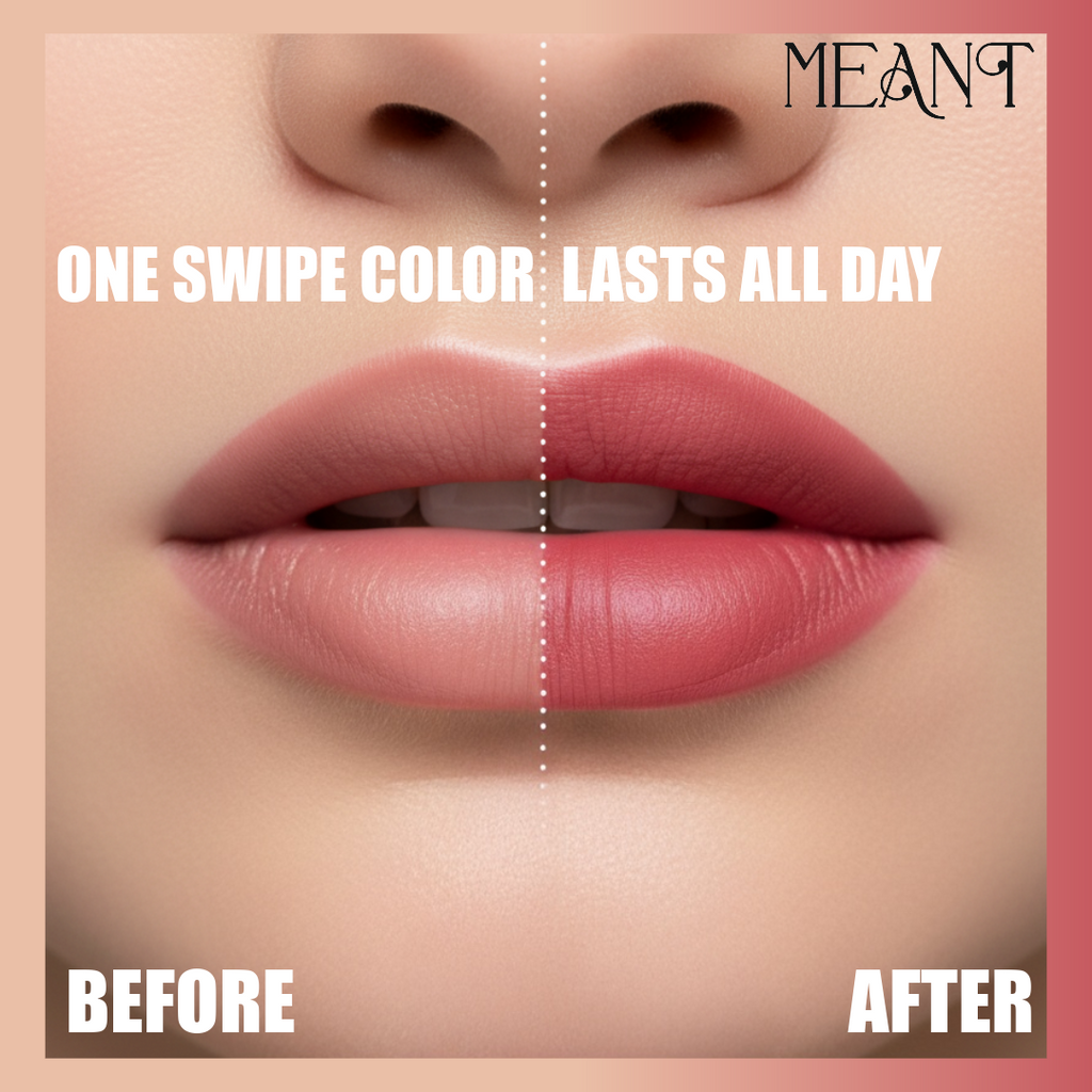 MEANT Electric Blush lipstick comparison showing 'Before' and 'After' effects.