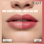 MEANT Electric Blush lipstick comparison showing 'Before' and 'After' effects.