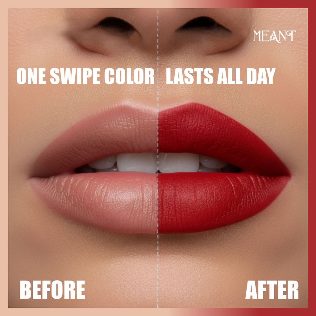 MEANT Hot Hazard lipstick before-after comparison.