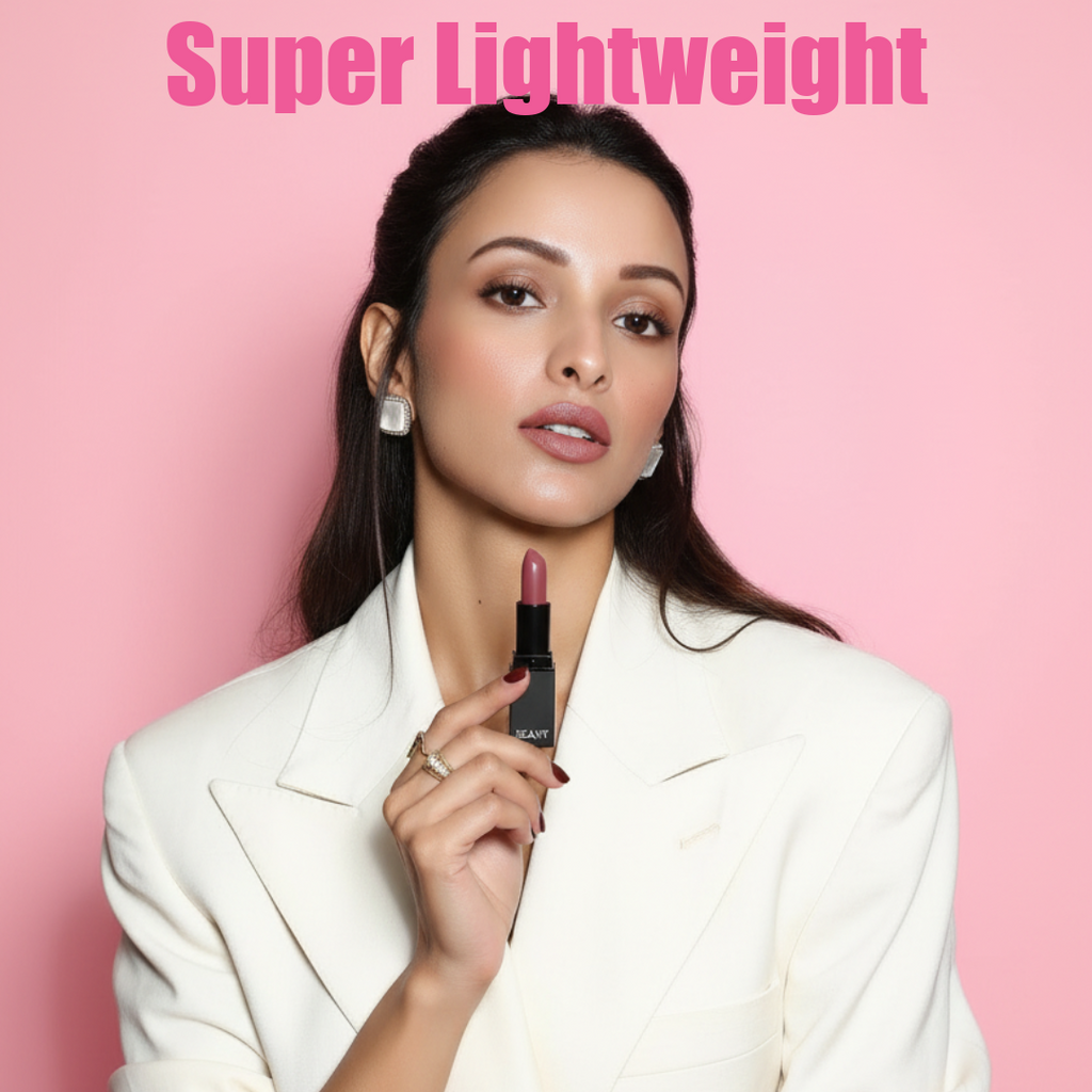 Model holding MEANT Lavish Lustre lipstick.