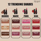 MEANT Lipstick shades categorized into Browns, Mauve, Pinks, and Reds with brand name 'MEANT' at the top.