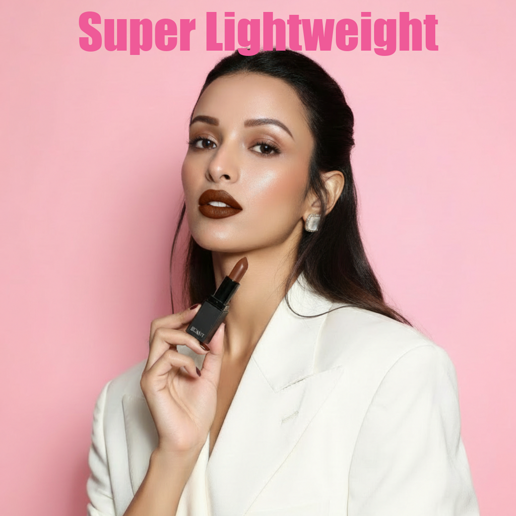 Model holding MEANT Truffle Temptation lipstick.