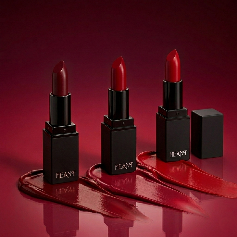 Three MEANT silky swipe creamy matte lipsticks in reds category.