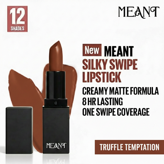 MEANT Silky Swipe Lipstick Truffle Temptation with product details on a white background.