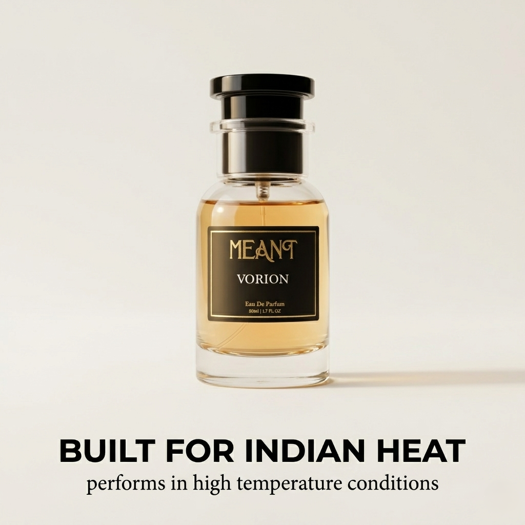 MEANT Vorion perfume bottle on a beige background with text about heat resistance.