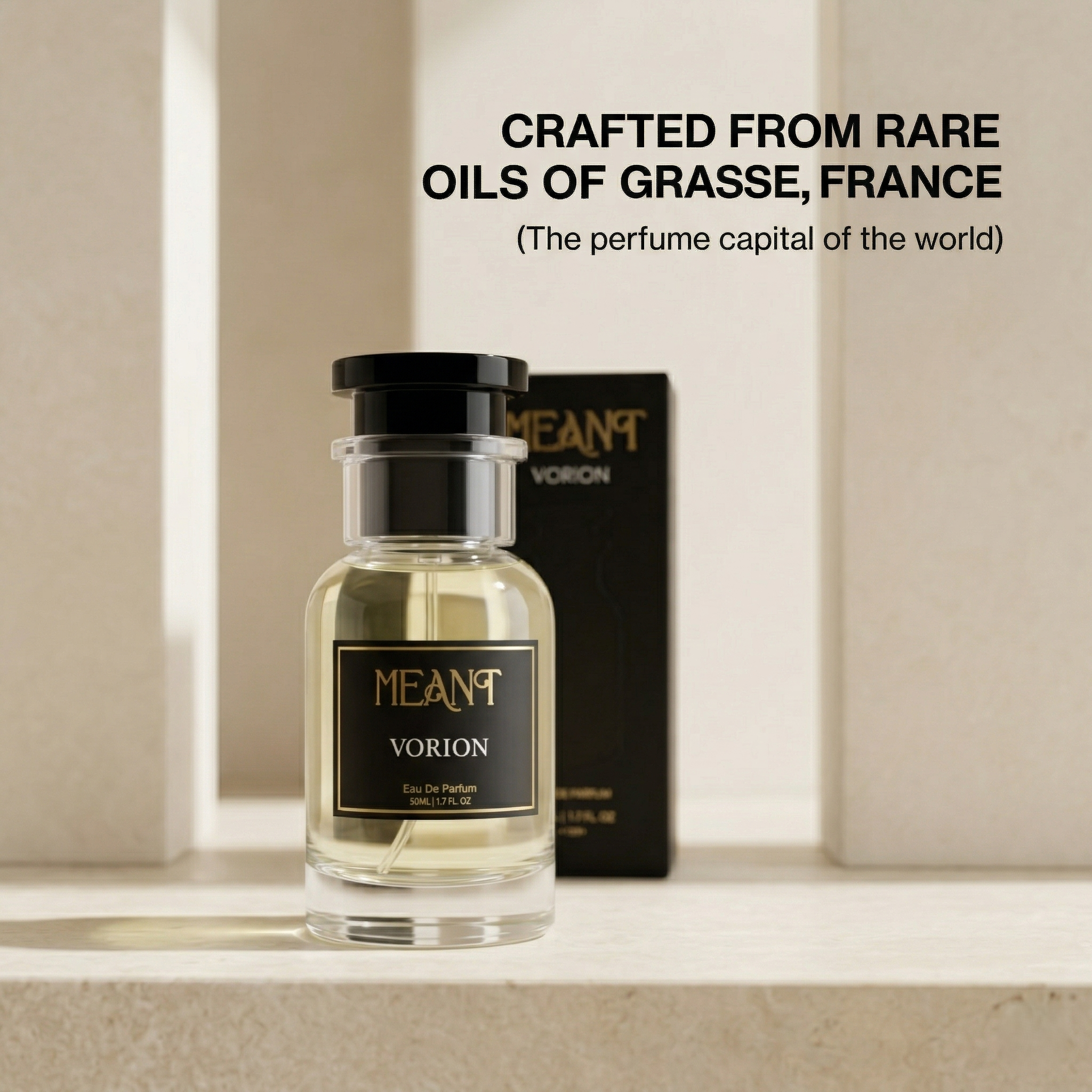 MEANT Vorion perfume with packaging on a neutral background, text about rare oils from Grasse, France.