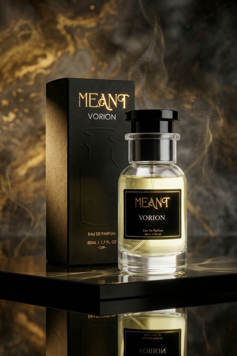 MEANT Vorion perfume bottle and packaging on a reflective surface with a dark background