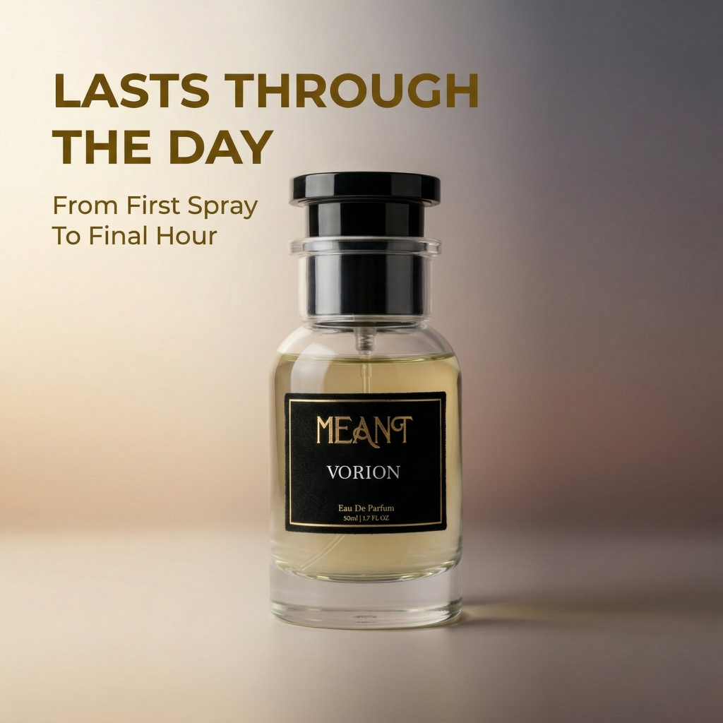 MEANT VORION perfume bottle on a gradient background with text 'Lasts through the day',' From first spray to final hour'.
