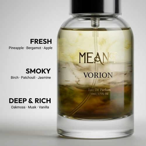 Meant Vorion perfume bottle with fragrance notes on a gray background.