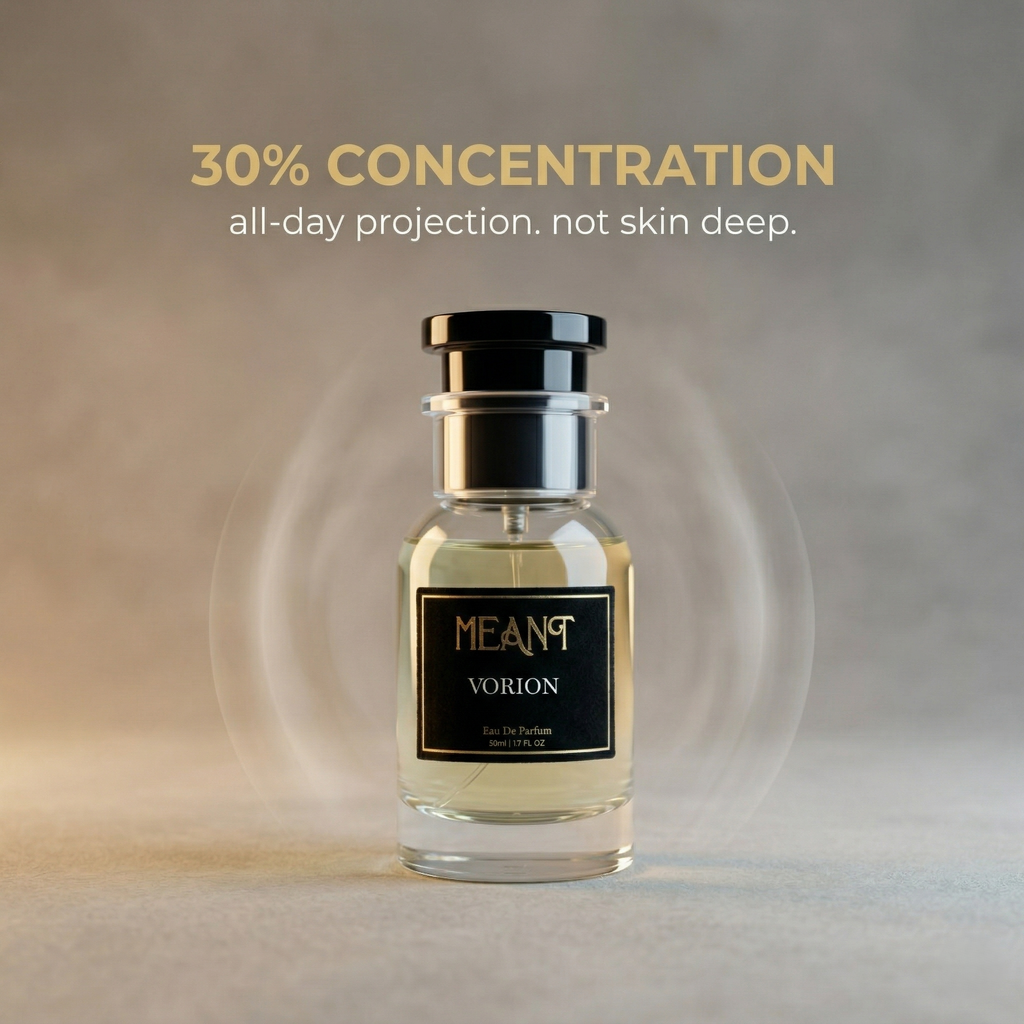 MEANT Vorion perfume bottle on a neutral background with text '30% Concentration. All day projection. Not skin deep' showcasing its powerful sillage & potency.
