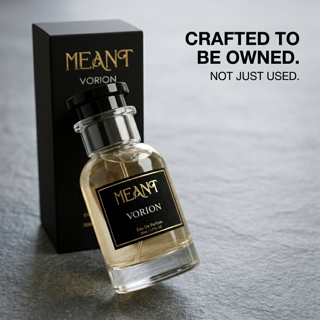 MEANT vorion perfume bottle and packaging with branding on a gray background