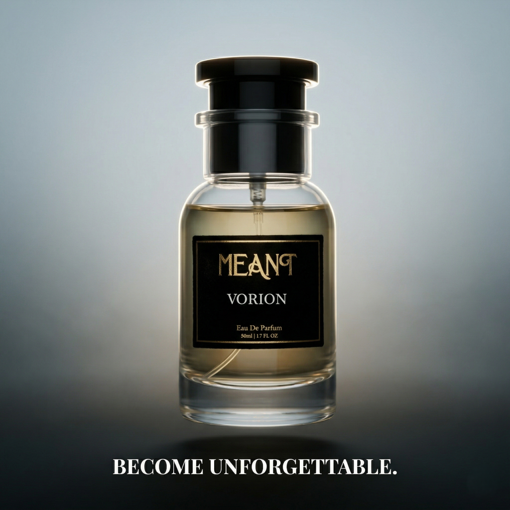 Meant Vorion perfume bottle on a gradient background with text 'BECOME UNFORGETTABLE'.